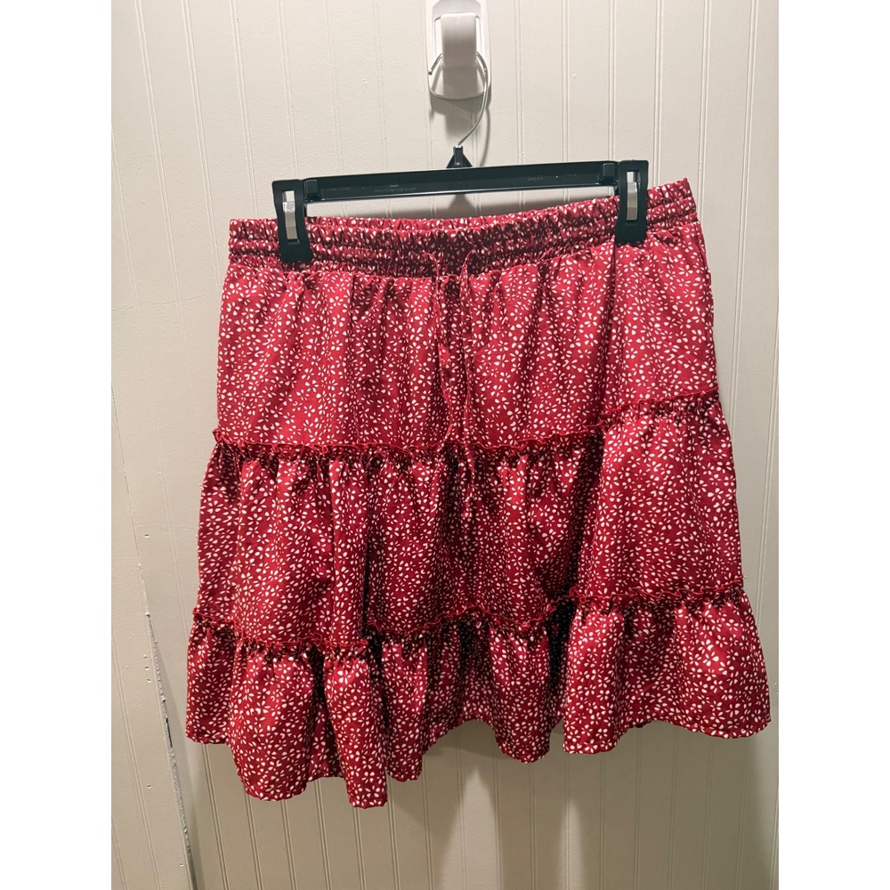 Alelly Red Floral Ditsy Print Tiered Ruffle Mini Skirt Smocked Waist Womens L